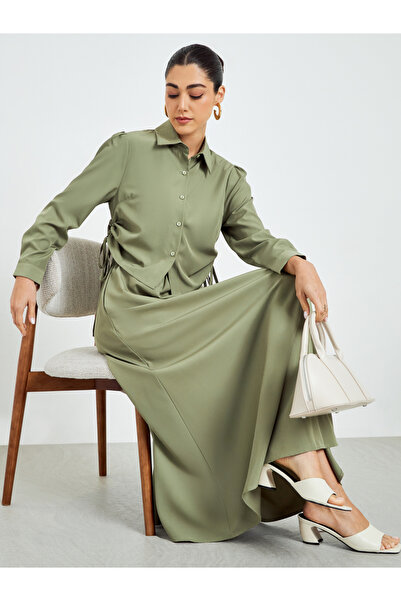 Styli Women Ruched Shirt and Maxi Skirt Modest Set