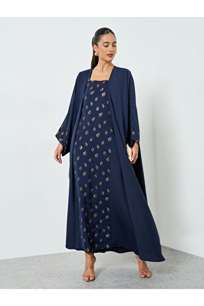 Styli Navy Blue Embellished Abaya and Dress Set