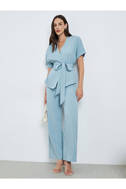 Take Two By Styli Blue Textured Waist Tie Top and Trousers Co-Ords