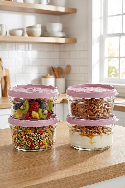 Homekolik 4’lü 415 cc Cam Kahvaltılık Seti Mor Kapaklı – Kapaklı Reçellik Zey...