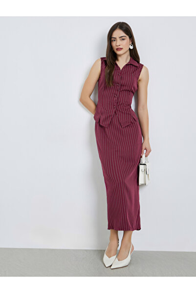 Styli Burgundy Striped Waistcoat Top and Midi Skirt Co-Ords