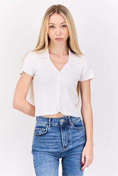 Don't Call Me Jennyfer Women V-Neck Short Sleeves Ribbed Top, White