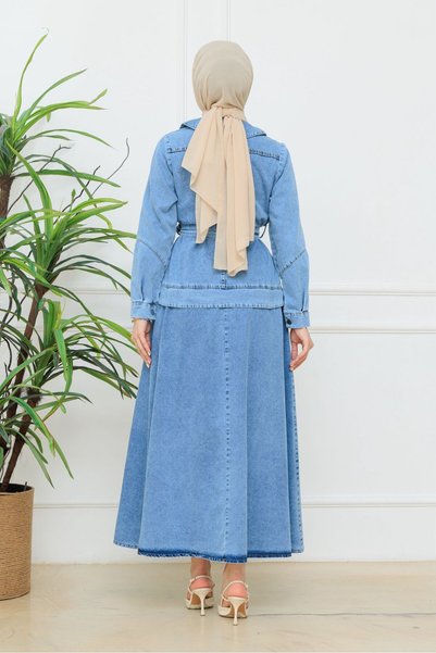 ELBİSHE Collar Detailed Belted Denim Jacket - Skirt Set