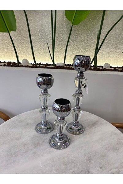 MİMSEGÜN DEKOR GÜMÜŞ ŞAMDAM KRİSTAL TAŞLI 3 LÜ
