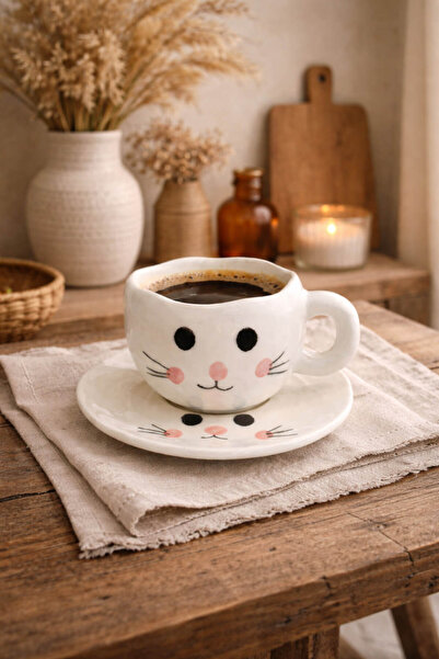 Anadolu Saray Handmade Ceramic Coffee Cup with Cat Figure and Saucer Mug Cup ...