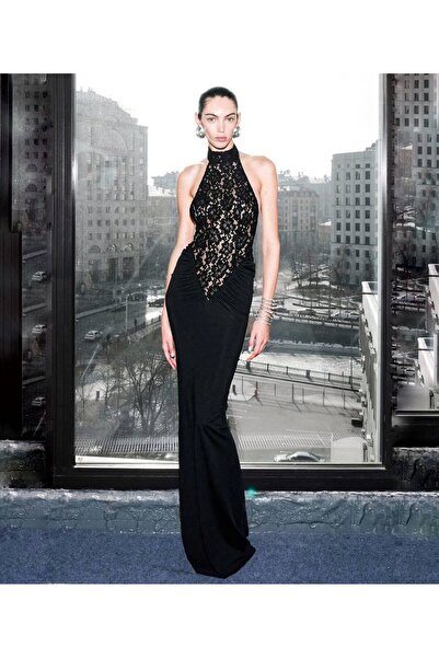 cemo Kadın Dantel Detaylı Halter Yaka Uzun Abiye Elbise