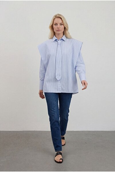 LE CARAMBOLE Women's Striped Blue Shirt with Tie Detail