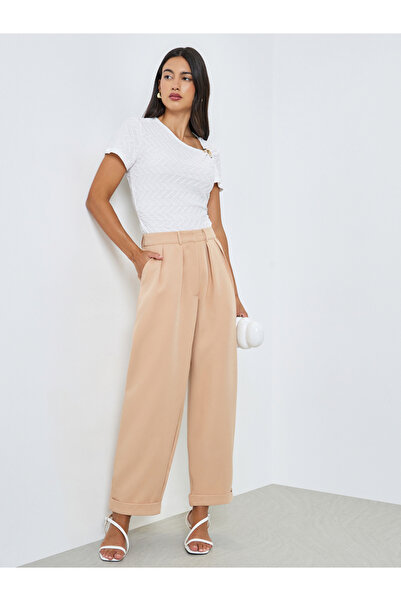 Styli Beige Pleated Relaxed Fit Trousers
