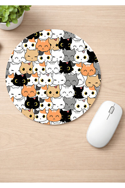 Eylül Design Cute Cats Printed Round Non-Slip Mousepad Ergonomic Mouse Pad