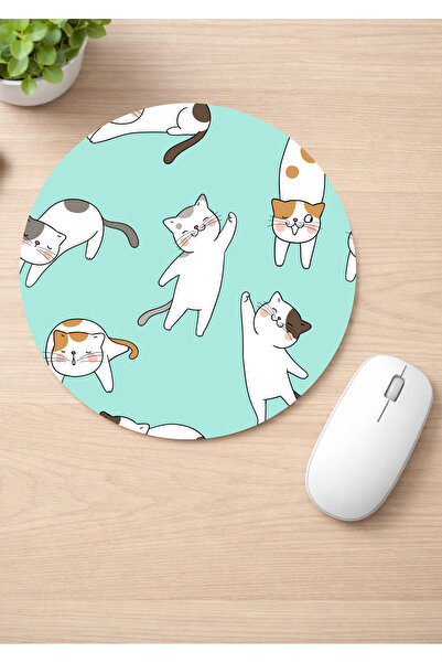 Eylül Design Cute Cats Printed Round Non-Slip Mousepad Ergonomic Mouse Pad
