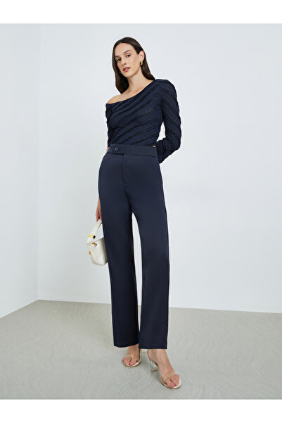 Take Two By Styli Navy Blue High Rise Straight Fit Trousers