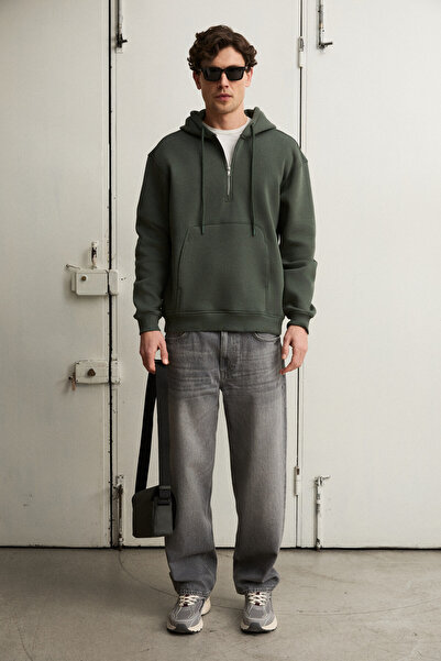 GRIMELANGE Justus men's hooded kangaroo pocket zip-up collar khaki sweatshirt