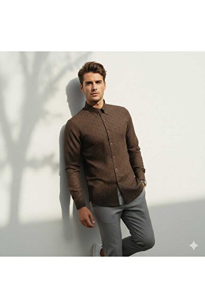 Louis Fabel Brown Background Paisley Patterned Long Sleeve Men's Shirt