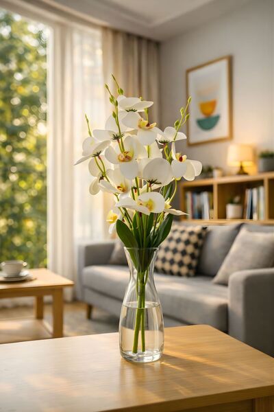 BUSERİSE Yapay Beyaz Orkide – 45 cm Dekoratif Orkide Çiçeği, Ev Salon Vazo Ma...