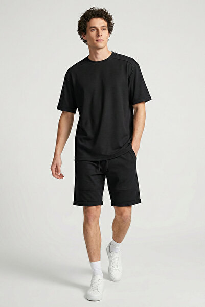 TOMMY LIFE Black Oversize Fit Soft Textured Basic Men's Shorts Set - 85274