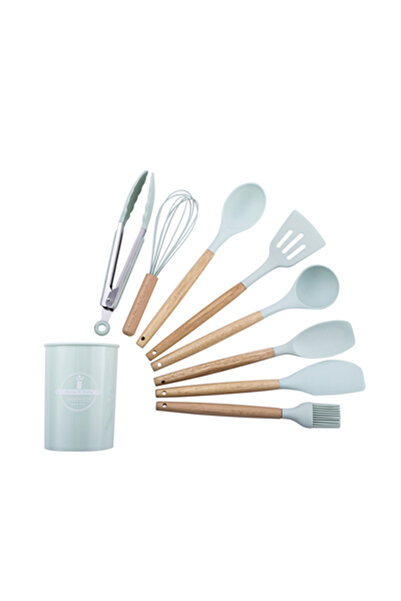 OEM Set of 9 silicone cooking utensils, metal insert and wood