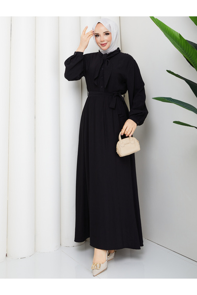 RACE FASHİON Scarf Collar Buttoned Strawberry Fabric Hijab Dress Rc6038