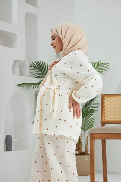 Lollybabies Lolly Babies Lohusa Pijama Takımı | Kahverengi Kalp | Pamuk