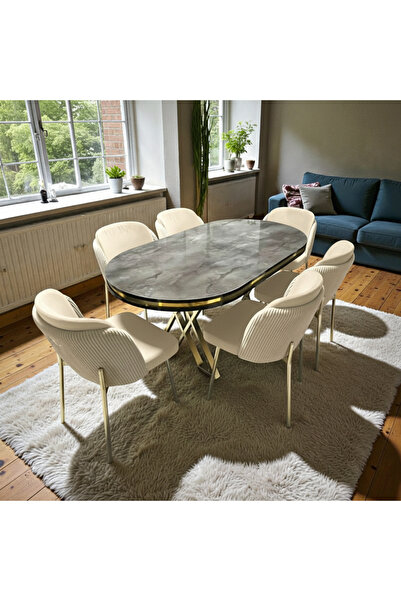 MSY HOME 6 Kişilik Aura Gold Serisi İroni Lake Oval Yemek Masası ve Puffy Kre...