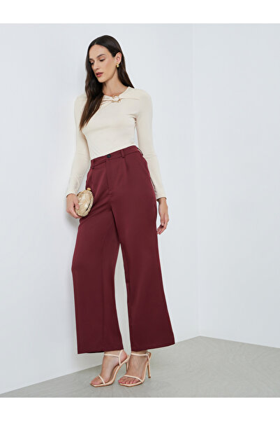 Take Two By Styli Burgundy High Rise Straight Leg Trousers