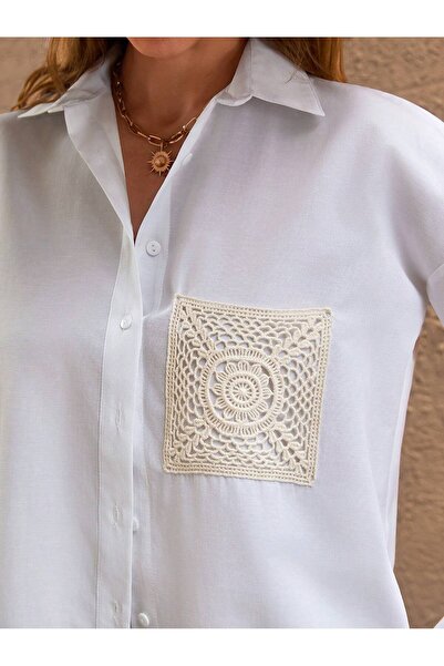 PozitifJeans Women's White Lace Pocket Detailed Shirt – Comfortable Fit Styli...