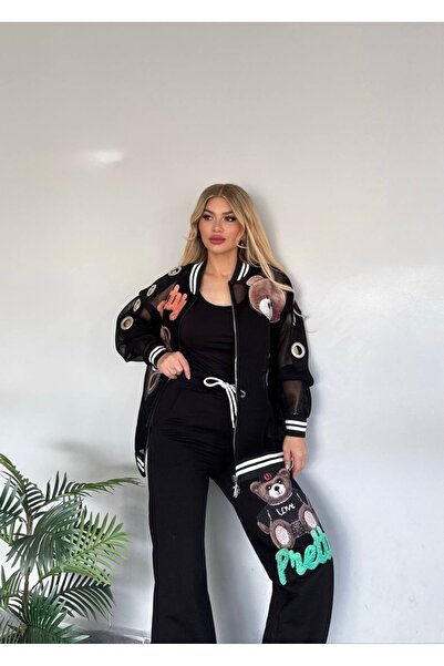 RED WOMAN FASHİON Teddy Mesh Cardigan Triple Set