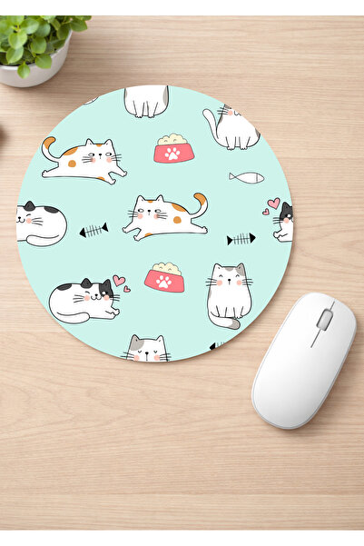 Eylül Design Cute Cats Printed Round Non-Slip Mousepad Ergonomic Mouse Pad