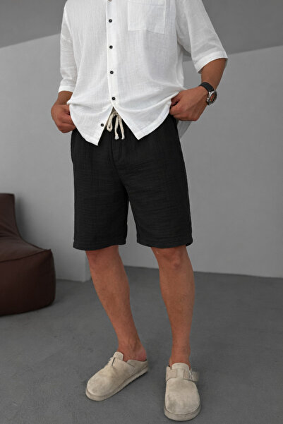INFLUYENTE Erkek Siyah Premium Relaxed Fit %100 Pamuk Müslin Şort - Rahat Kal...