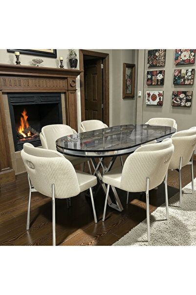 MSY HOME 6 Kişilik Aura Krom Serisi İroni Lake Oval Yemek Masası ve Puffy Kre...