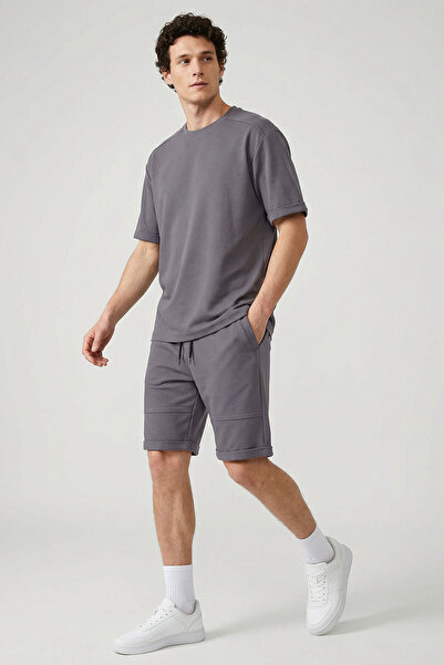 TOMMY LIFE Dark Gray Oversize Fit Soft Textured Basic Men's Shorts Set - 85274