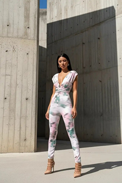 Afitapbutikmoda Boyundan Baglamalı Sırt Dekolteli Digital Baskı Micro Tulum