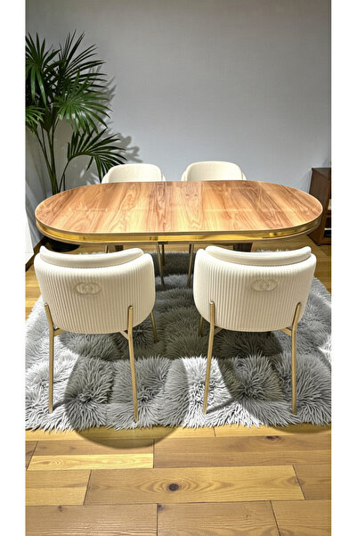 MSY HOME 6 Kişilik Aura Gold Serisi Ceviz Lake Oval Yemek Masası ve Puffy Kre...