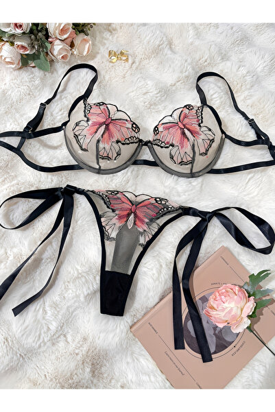 Take Two By Styli Butterfly Embroidered Mesh Non Padded Wired Bra and Tie-up ...