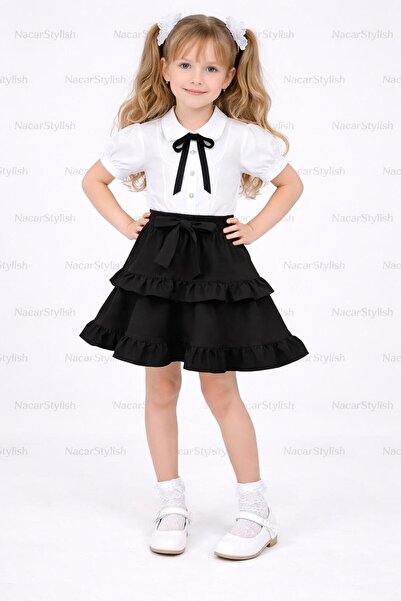 Nacar Kız Çocuk 23 Nisan 29 Ekim Fırfır Etek&Biye ve Fiyonk Detaylı Gömlek Al...