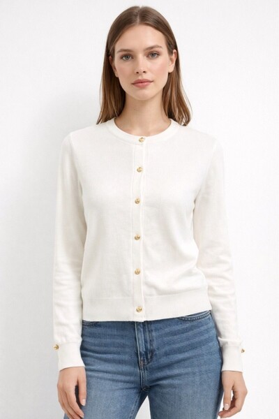 CGA Women's Knitwear Buttoned White Cardigan Crew Neck Basic Cardigan with Go...