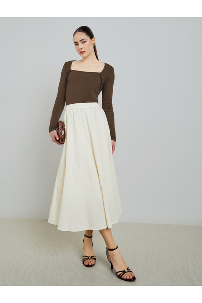 Styli Beige A-Line Midi Skirt