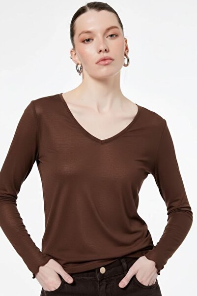 HAKKE Kadın V Yaka Transparan Uzun Kollu BLUZ