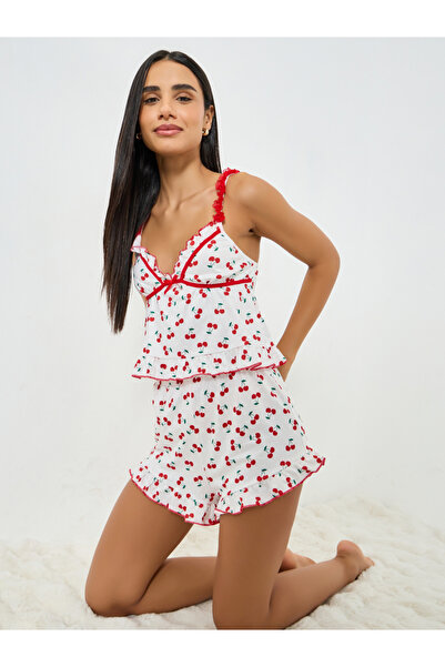 Take Two By Styli White Cherry Graphic Print Ruffle Hem Camisole and Shorts Set