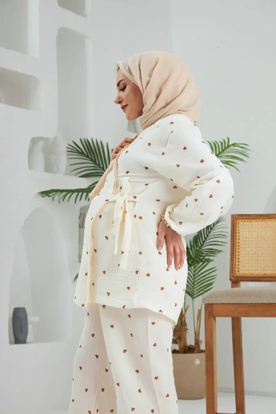 Lollybabies Lolly Babies Lohusa Pijama Takımı | Kahverengi Kalp | Pamuk