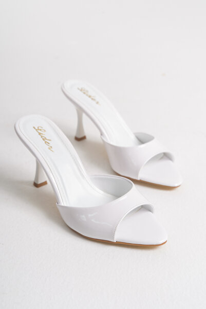LDR Women's White Patent Leather Pointed Toe Heeled Slippers
