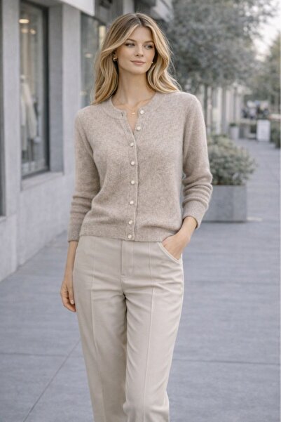 CGA Women's Beige Cardigan with Ball Buttons on the Front, Crew Neck, Soft Ca...