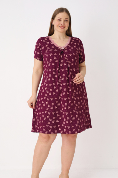 İntensive Women's Plus Size Patterned Lycra V-Neck Ruched Bow Short Sleeve Ni...