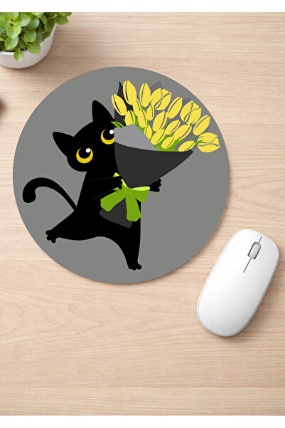 Eylül Design Cute Cat Printed Round Non-Slip Mousepad Ergonomic Mouse Pad