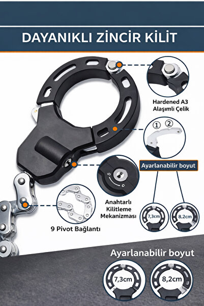 ax7 Taşınabilir Kelepçe Kilit - Kırılmaz Kelepçe & Çelik Zincir - Anahtarlı