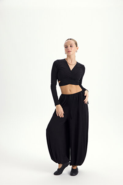 MAI STUDIOS CO. Vena Bağlamalı Siyah Crop Şalvar Pantolon Takım