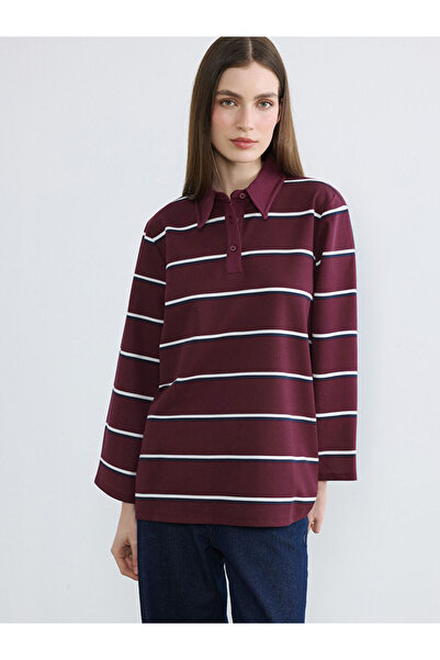 LC Waikiki Burgundy Polo Collar Striped Oversize Women's Tunic