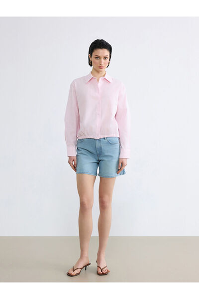 LC Waikiki GiyÇık Store Розова раирана дамска риза с голям размер