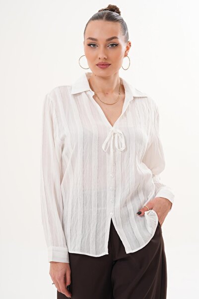 ŞİMAL Women's Striped Patterned Collared Lace-Up Long Sleeve Shirt 260217 -