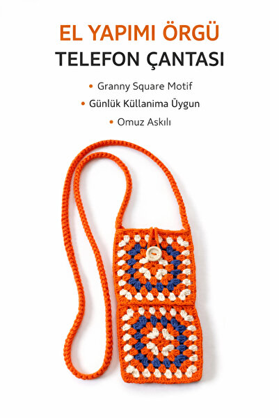 Hobi Kafe Orange Hand Knitted Motif Phone Bag