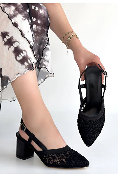 ARMÜZ Poje Black Satin Tulle Detailed Heeled Shoes